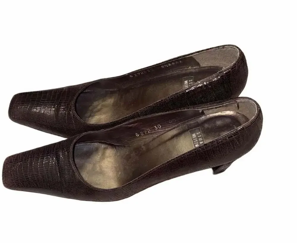 Stuart Weitzman Brown Snake Embossed Leather Square Toe Block Heel Pumps